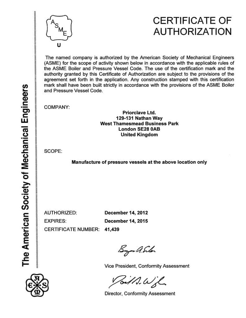 Priorclave Earns ASME Stamp | ASME Certified Autoclaves NA