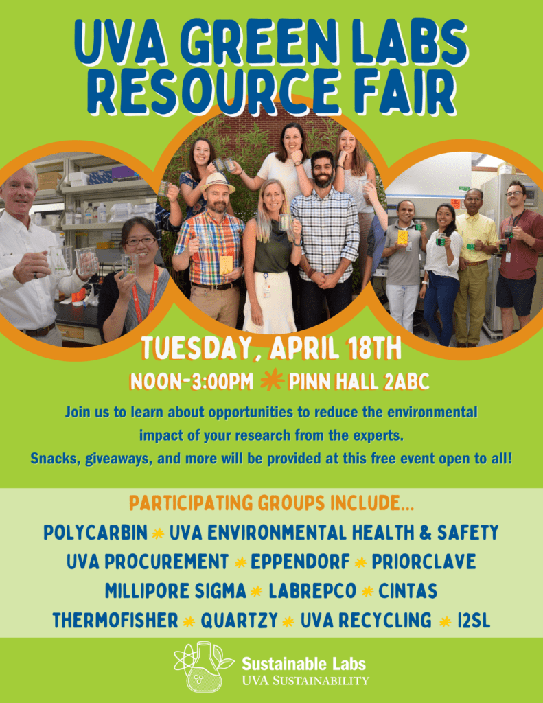Flier for UVA Green Labs Resource Fair at University of Virginia, April 18, 2023